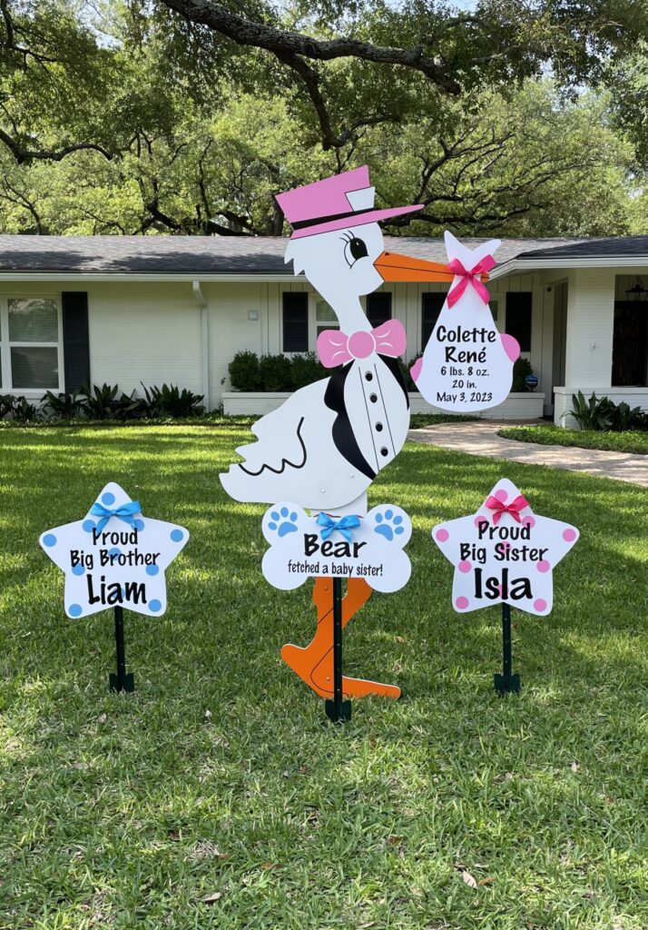 Pink Stork Sign With Sibling Stars and Dog Bone Sign, Birth Announcement Yard Stork Sign in Kingsport, Johnson City, Bristol & More
